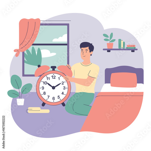 Man is waking up in the morning with alarm clock