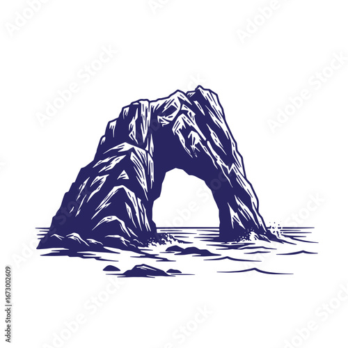 Dramatic illustration of an arching rock formation in the ocean water with linework texture