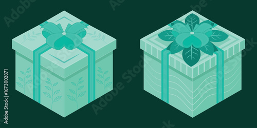 Gift packaging box design. Organic style isometric vector gift box illustration design. Floral gift box set. Paper natural gift box vector.