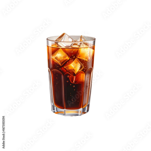 Iced Americano in tall transparent glass, photorealistic, white background