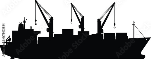 Cargo ship silhouette with cranes, shipping container vessel, ocean freight transportation, export import logistics, maritime industry vector illustration design.