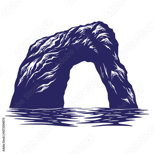 Elegant vector illustration of a natural archway reflected in calm ocean water