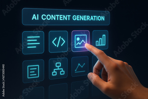 AI content generation interface with hand selecting image icon on digital screen