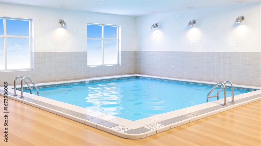 Fototapeta premium Indoor Swimming Pool with Bright Natural Light and Wooden Flooring