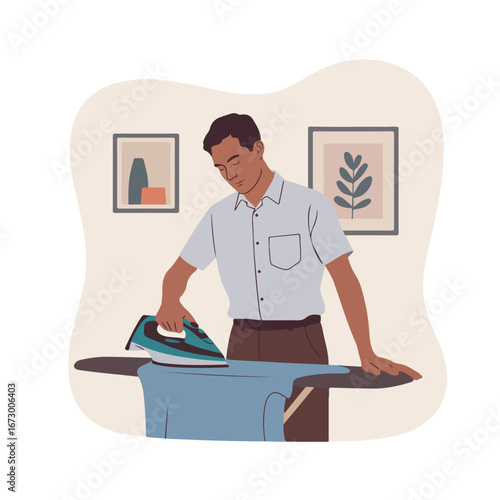 Man is ironing a shirt on the ironing board in the room at home