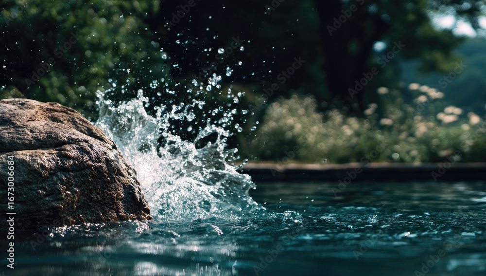 Obraz premium A tranquil scene of a splashing water fountain surrounded by a large rock and lush greenery.