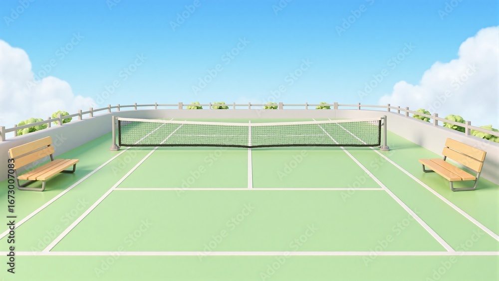 Fototapeta premium Outdoor Tennis Court with Benches and Fence