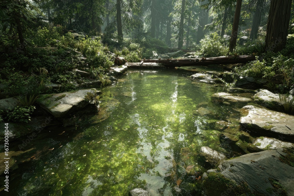 Naklejka premium Peaceful Forest Pond With Sunlight Reflections