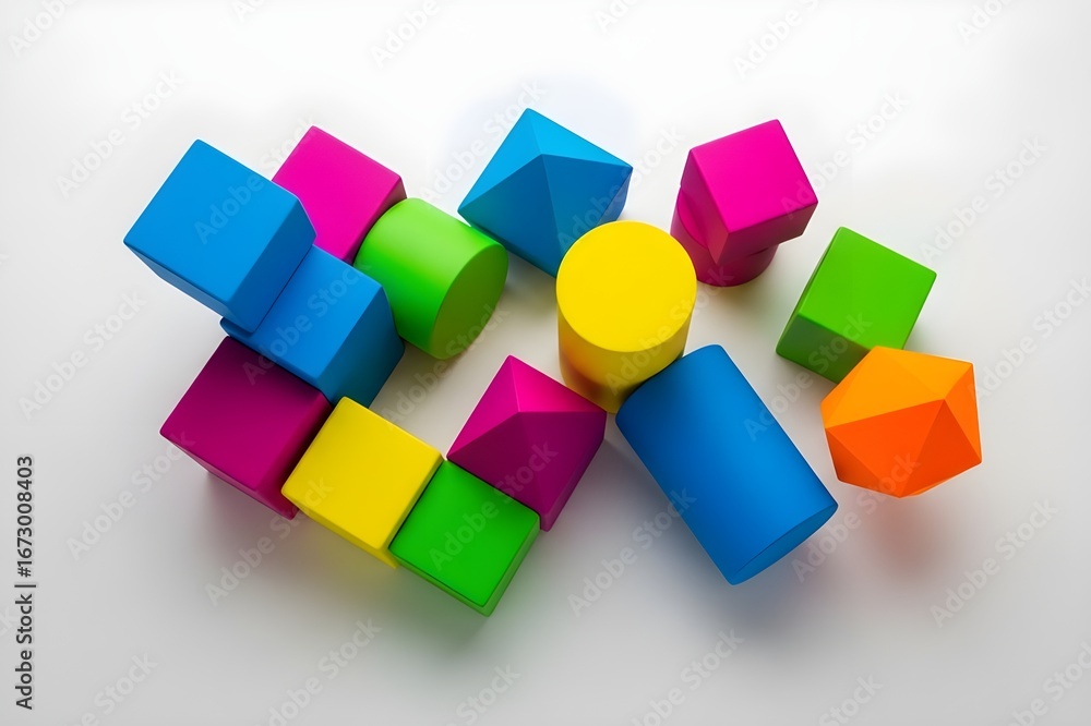 Obraz premium Colorful Geometric Blocks and Shapes on White Background Playful Education Toy Concept