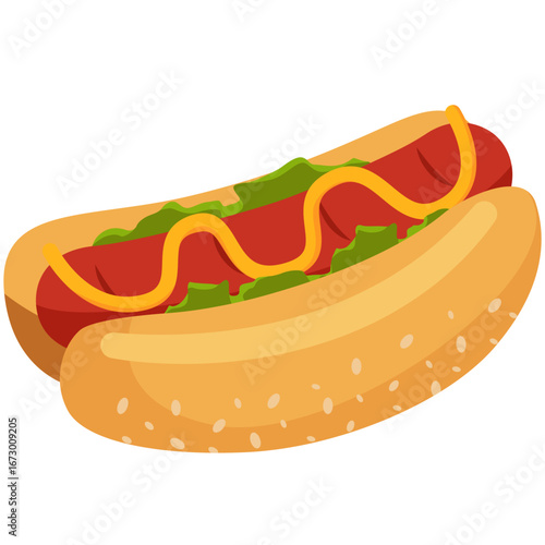 Illustration of a delicious hot dog with sausage, lettuce, ketchup, and mustard in a soft bun bread.
