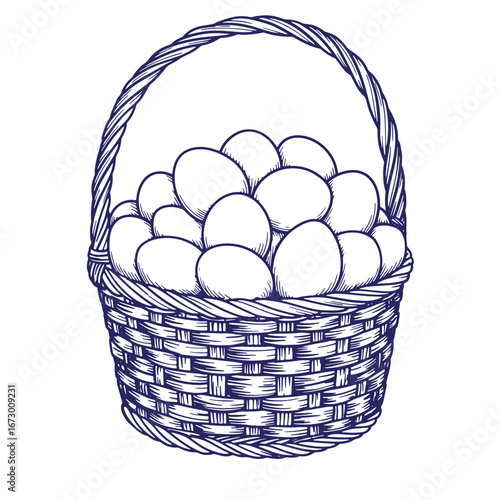 Hand drawn illustration of basket filled with fresh farm eggs isolated on white background