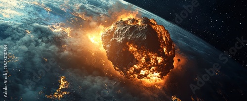 3D rendering of a dangerous large asteroid threatening to impact planet Earth