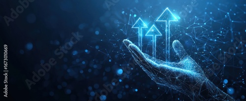 Abstract digital businessman hand holding rising arrows in futuristic style. Successful business and growth strategy concept. Low poly wireframe 3D illustration on technological blue background.