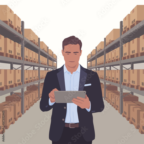 A man with tablet is in warehouse inventory, stock management system
