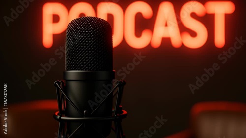 Professional microphone in live streaming studio captures audio for engaging podcast recording experience on air