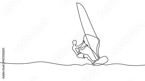 One line windsurfer illustration. Continuous drawing water sport sailing extreme activity. Adventure tourism travel recreation. Minimalist style white background vector