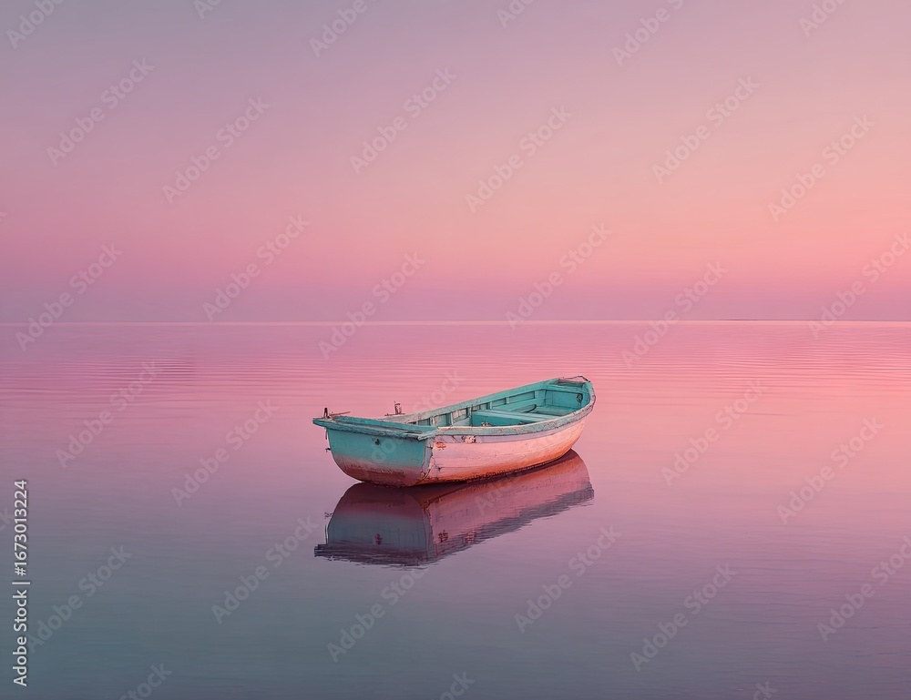 Naklejka premium Tranquil rowboat floating on a calm sea at sunrise, pastel colors