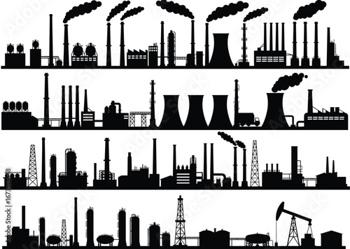Industrial factory silhouettes with chimneys, power plants, oil refineries, and smoke stacks, representing heavy industry, pollution, and manufacturing sectors.