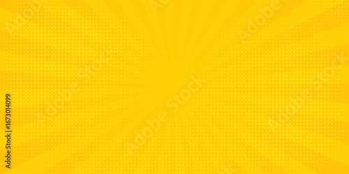Abstract orange comic background. Art pop cartoon backdrop. Halftone effect pattern. Fun anime texture. Starburst manga style bg. Mark popart radial gradient. Spiral, swirl, comic rays.