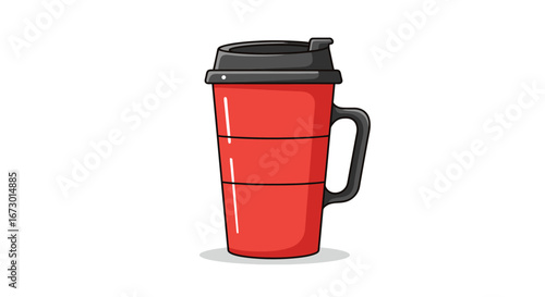 Red Travel Mug with Black Lid and Handle.
