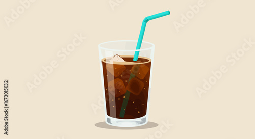 Refreshing Cola Drink with Ice Cubes and Blue Straw.