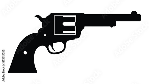 Black silhouette icon of a classic revolver, a vintage firearm design isolated on a white background