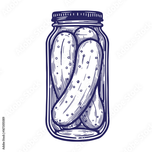 Ink illustration of a glass jar filled with pickled cucumbers on a white background