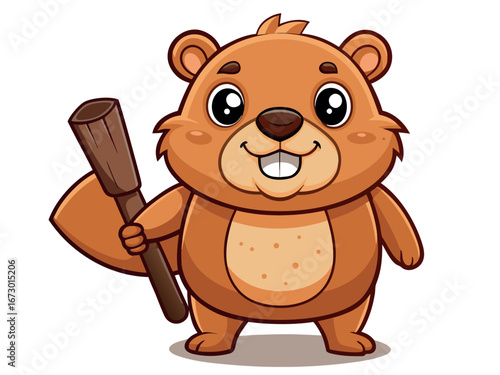 Cute cartoon beaver with a wooden stick isolated on white background, standing and smiling happily