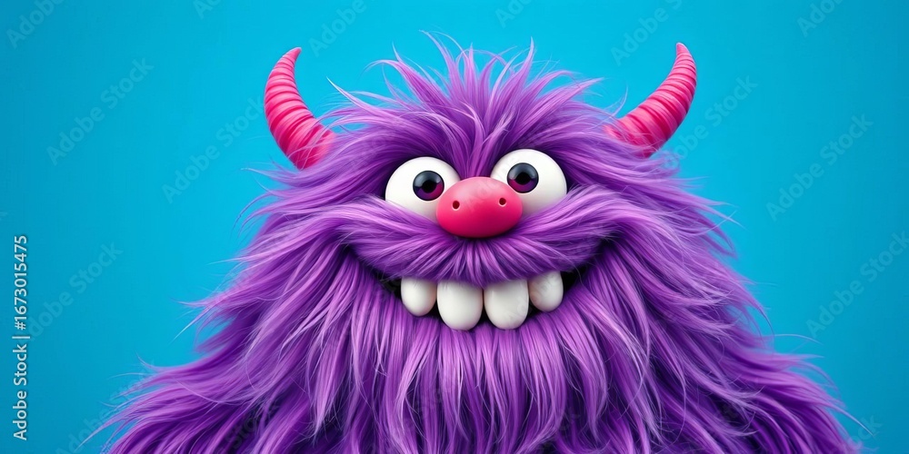 Fototapeta premium Cheerful, fluffy purple monster smiles on vibrant blue, joy, illustration art