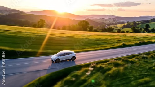 Electric Car Ascending Winding Road at Sunset, Promoting Sustainable Travel and Vehicle Technology