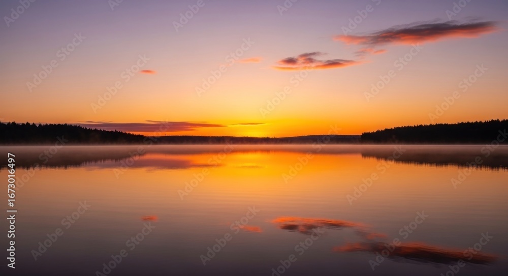 Obraz premium Stunning lake reflecting a vibrant sunset with orange, pink, and purple hues