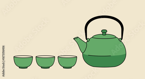 Simple Green Teapot and Cups Illustration for Tea Ceremony.