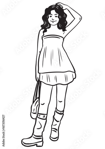 Girl in Style: A fashion-forward sketch of a young girl strikes a pose in trendy attire. Her attire consists of a strapless dress, rain boots, and a sling bag.