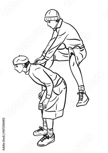   Leap of Friendship: A sketch captures the essence of camaraderie as one person leaps playfully over another in a whimsical display of affection.