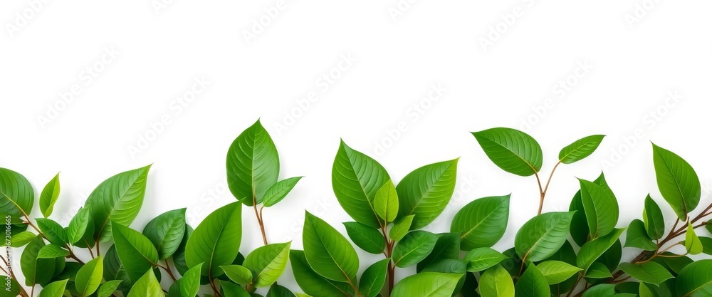 Fototapeta premium Vibrant green leaves create a natural frame on a pristine white backdrop, bright, picture