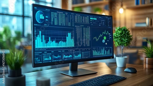 Wallpaper Mural Modern trading screen with financial charts, stock graphs and market analytics in stylish office interior, investment, business economy, corporate finance, data management and financial technology. Torontodigital.ca