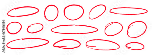 Red hand drawn circle set. Ellipse, round and oval sketched frame collection. Encircle element pack. Red marker note signs for mark, emphasis, accent, highlight. Scribbled doodle borders. Vector