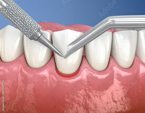 Scaling and root planing (conventional periodontal therapy). Medically accurate 3D illustration of human teeth treatment.teeth, mouth, anatomy, dental, dentist, dentistry, horizontal, Generative Ai