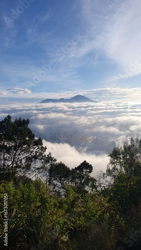 Majestic mountain peak emerging through cloud layer with dense forest foreground and serene blue sky in highland landscape