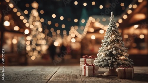 Festive Christmas market scene with a miniature Christmas tree and gifts on a rustic wooden table.