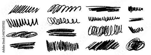 Grunge brush stoke scribble set. Black hand drawn crayon squiggle line collection. Wet or dry pastel pencil doodle bundle. Vector rough chalk charcoal sketched scrawls pack. Ink or graphite elements