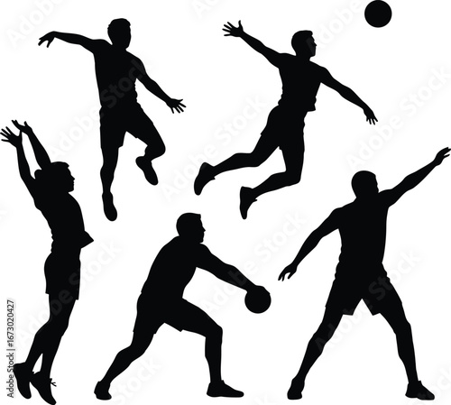 Dynamic Volleyball Players Silhouettes in MidAir Action and Serving Stance.