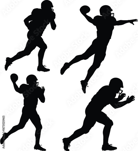 Four American Football Player Silhouettes in Action Poses with Ball.