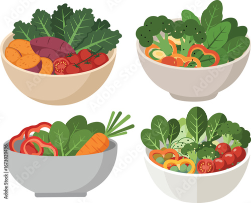 Four bowls filled with colorful and fresh vegetables including spinach and tomatoes.
