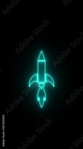 Neon rocket icon icon animation. glowing rocket icon isolated on black background motion graphics. spaceship icon video.  Space Exploration, Launch Technology movement.