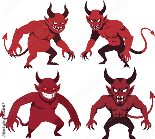 Four menacing red devils with horns claws and menacing expressions ready to strike, halloween theme.