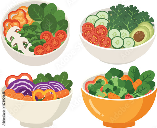 Four Vibrant Vegetable Bowls A Colorful Salad Collection.