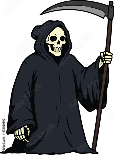 Grim Reaper Illustration Dark Hooded Figure with Scythe.