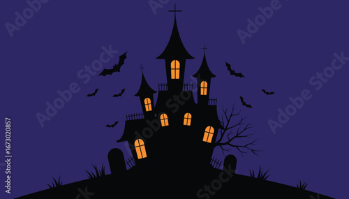 Haunted Halloween Castle Silhouette with Bats and Graveyard.