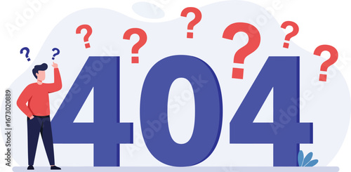 Illustrated 404 Error Page with a Confused Person and Question Marks.